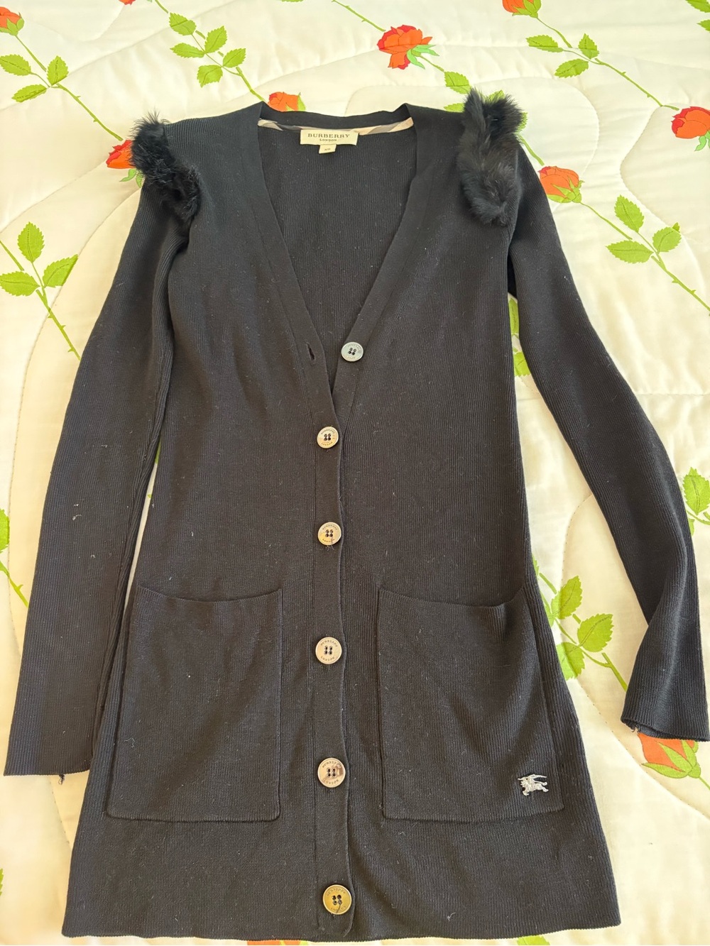 Burberry Black Long Button Cardigan with Fur-Trim Shoulders